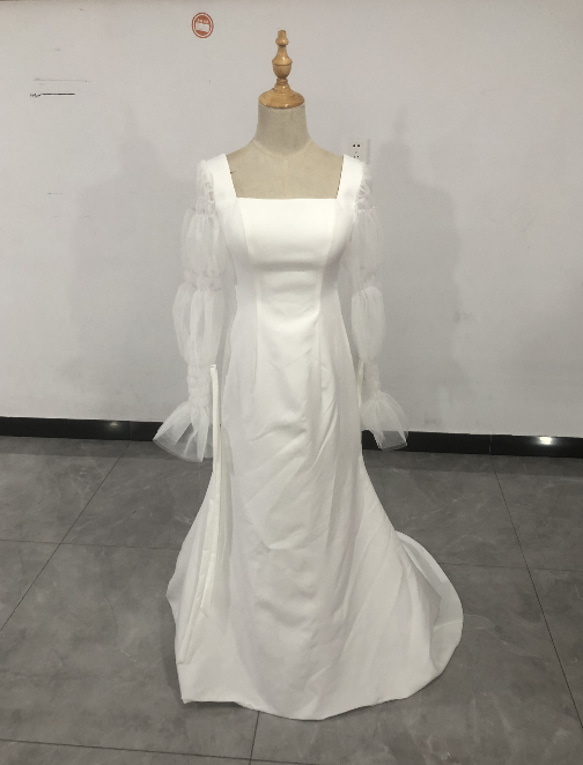 即納！フランス風 スクエアネック ウエディングドレス 姫袖 マーメイド  