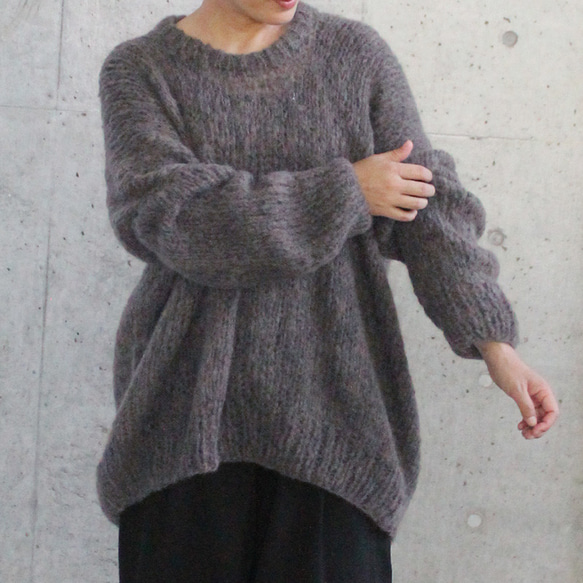 ◉限定色◉ 手編みモヘアラウンドネックセーター モーブグレー ニット