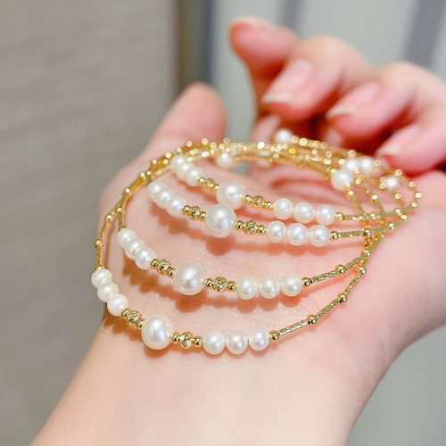 高級】淡水真珠 弾力ブレスレットk18 ブレスレット パール大好き(購入  