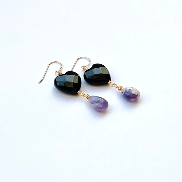 天然石ピアス　オニキス×ティファニーストーン　14kgf　pierced earrings 3枚目の画像