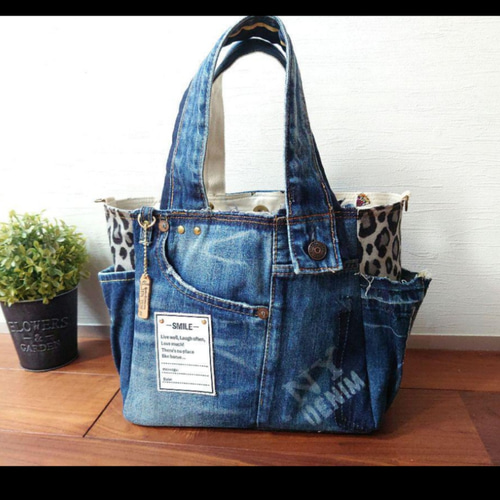 No.336【DENIM✖️leopard✖️ステンシルBAG❤️】ヒョウ柄デニム