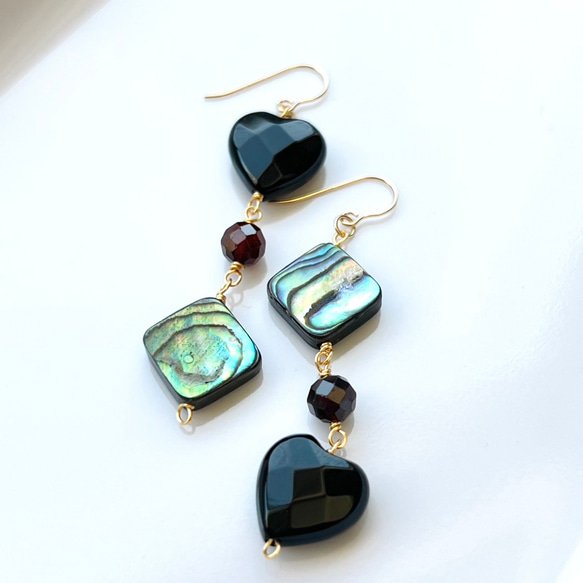 天然石ピアス　オニキス×アバロンシェル×ルビー　14kgf　pierced earrings 8枚目の画像