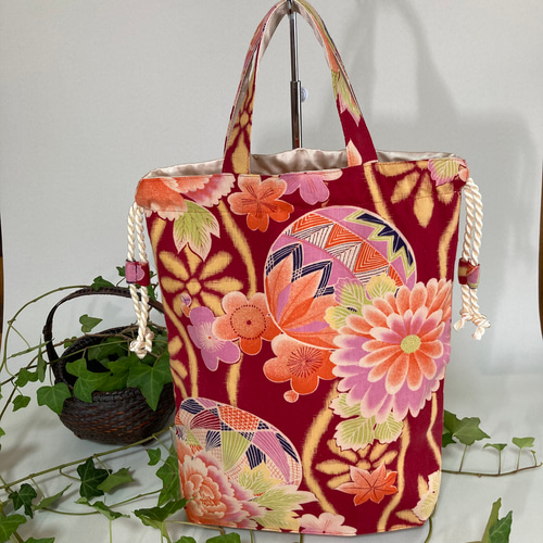 着物リメイク トートバッグ 51 I made a tote bag using denim and kimono scraps. It was my