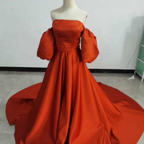 即納！オレンジ パーティードレス オフショル 光沢サテン 2次会 挙式  