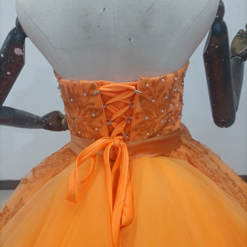 即納！高品質！オレンジ カラードレス ベアトップ ソフトチュール 2次  