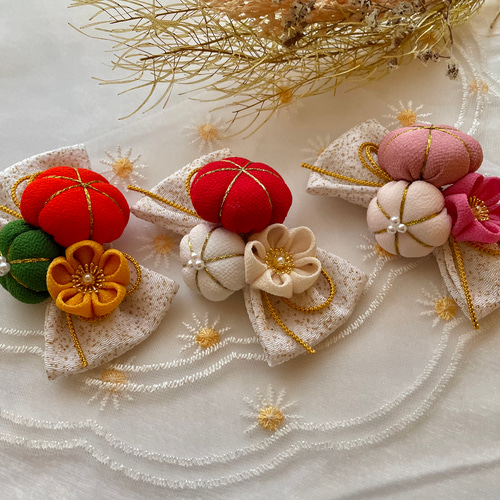 七五三 リボンと小物セット 七五三向けリボンとつまみ細工の髪飾り/受注制作【4点セット】ピンク