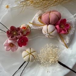 七五三向けリボンとつまみ細工の髪飾り/受注制作【4点セット】ピンク