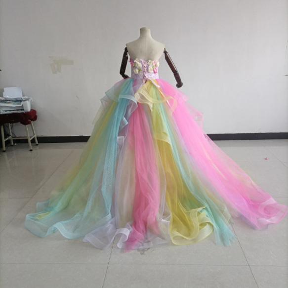 即納！レインボースカート カラードレス ベアトップ 上質オーガンジー 3Dバラの花 結婚式 演奏 4枚目の画像