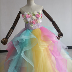 即納！レインボースカート カラードレス ベアトップ 上質オーガンジー 3Dバラの花 結婚式 演奏 5枚目の画像