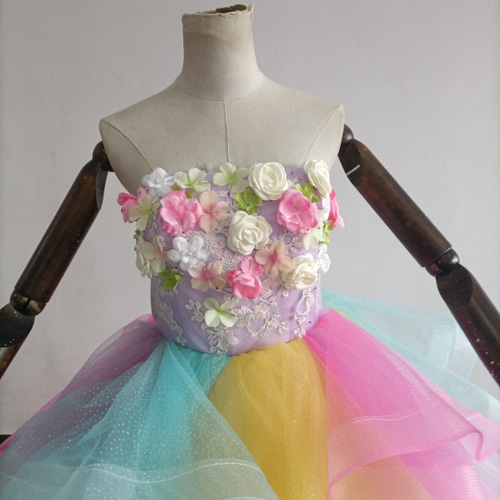 即納！レインボースカート カラードレス ベアトップ 上質オーガンジー  