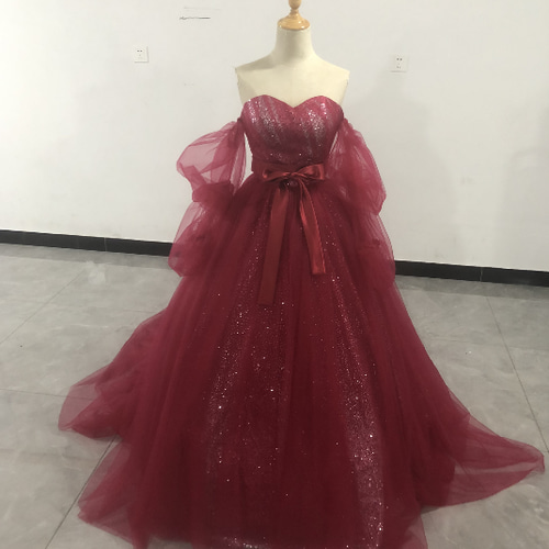 即納！憧れのドレス ワインレッド キラキラチュール ベアトップ  