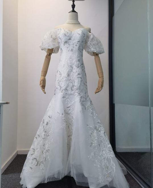 即納！マーメイドウェディングドレス 上品花レース パフスリーブ 前撮り/花嫁/結婚式