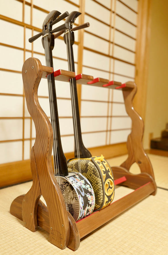 ♪手作り 沖縄三線ラック 折りたたみ収納 5丁掛け 三線スタンド