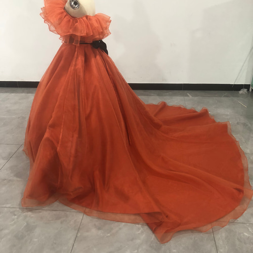即納！華やか オレンジ カラードレス Aライン 取り外しオフショルダー  