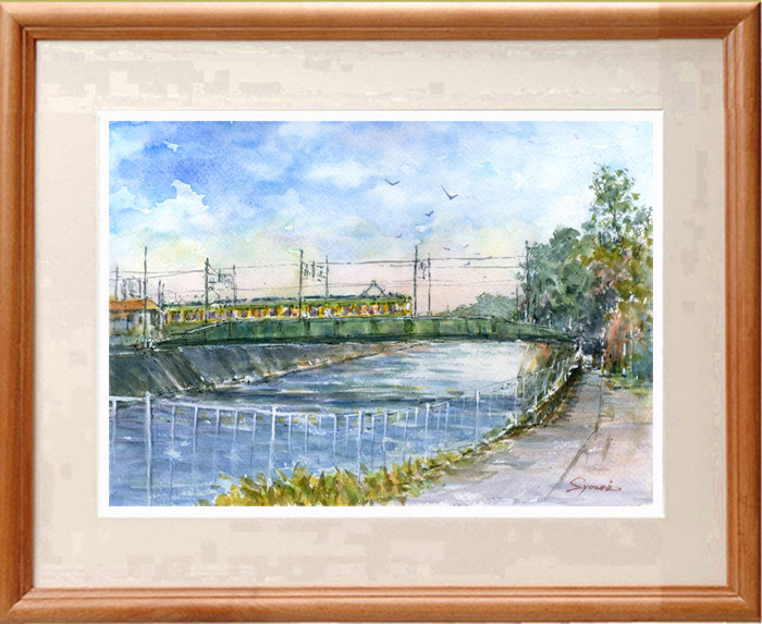 絵画「北海道 虫類川にて」水彩画