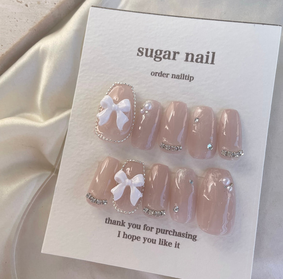 ネイルチップ ワンホンネイル 韓国 シンプル ピンク リボン キラキラ