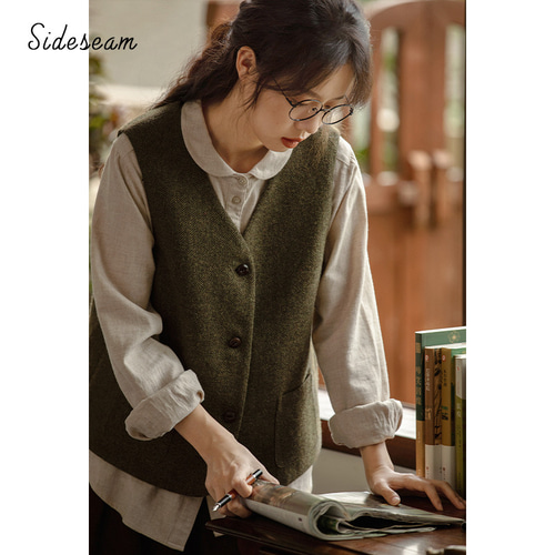 ウール混紡ベスト ウールベスト ツイード生地ベスト グリーン S-M