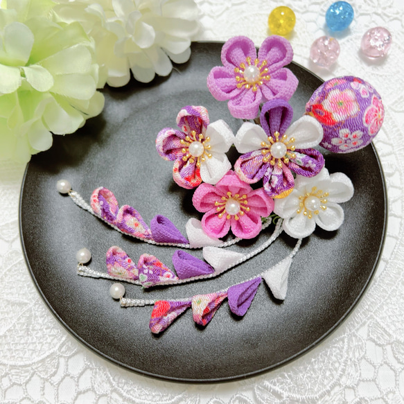 七五三 ヘア飾り 七五三髪飾り(紫×白) 成人式 前撮りに 3歳 7歳 753