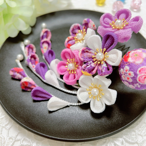 七五三 ヘア飾り 七五三髪飾り(紫×白) 成人式 前撮りに 3歳 7歳 753