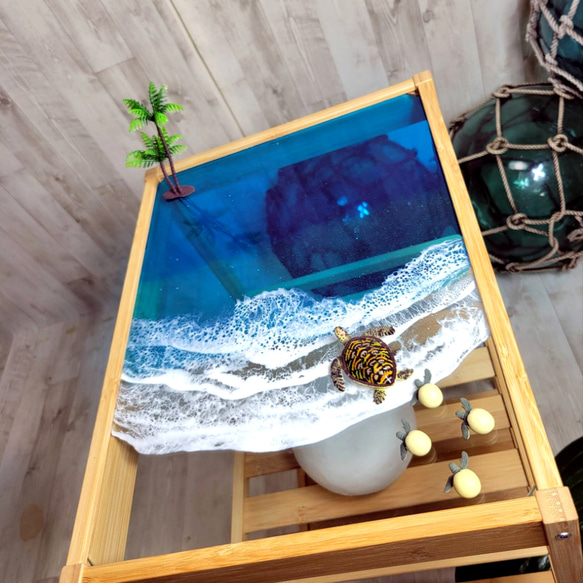 受注制作　テーブル　LEDライトテーブル　サイドガラステーブル　オーシャンアート　癒し　レジンアート海 7枚目の画像