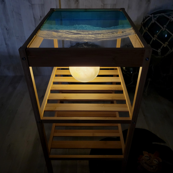 受注制作　テーブル　LEDライトテーブル　サイドガラステーブル　オーシャンアート　癒し　レジンアート海 4枚目の画像