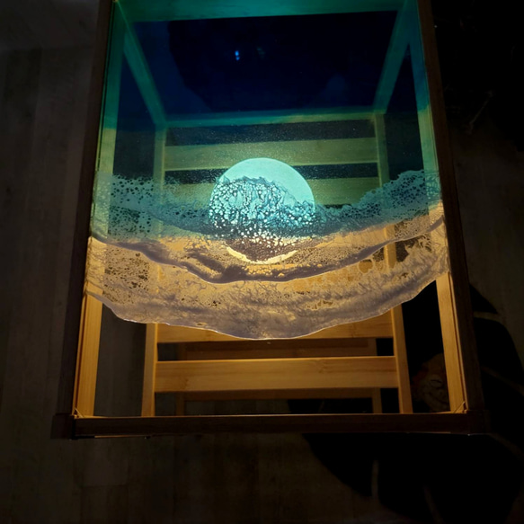 受注制作　テーブル　LEDライトテーブル　サイドガラステーブル　オーシャンアート　癒し　レジンアート海 2枚目の画像
