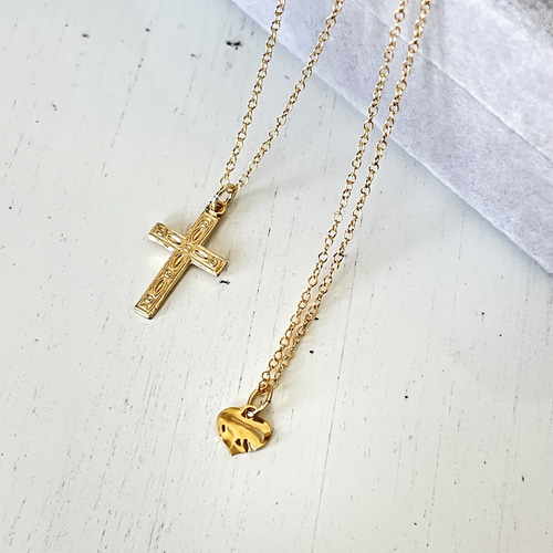 お得な2本セット14kgfネックレス クロス&ハート 重ね付け 2連