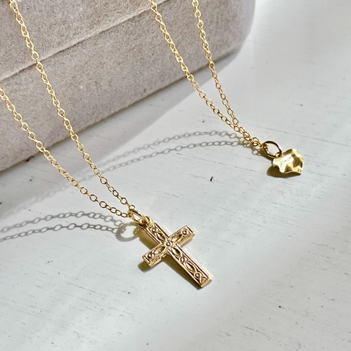 お得な2本セット14kgfネックレス クロス&ハート 重ね付け 2連