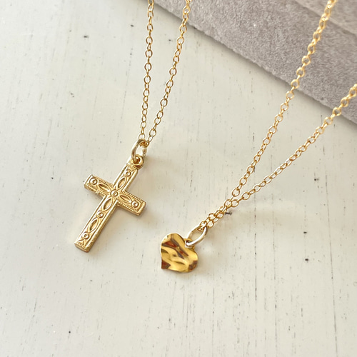 お得な2本セット14kgfネックレス クロス&ハート 重ね付け 2連