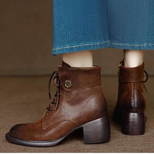 北欧 レースアップブーツ 編み上げブーツ 革 サイドファスナー