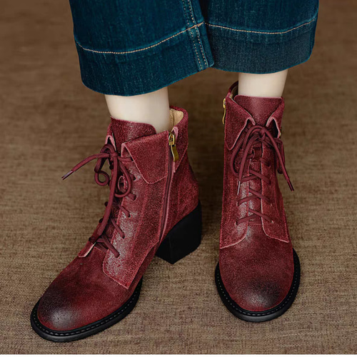北欧 レースアップブーツ 編み上げブーツ 革 サイドファスナー
