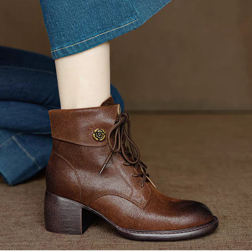 北欧 レースアップブーツ 編み上げブーツ 革 サイドファスナー