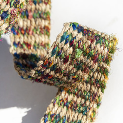 手織りのコットンとリネンのベルト、手織りのベルト - ブルーとグリーンのレインボースターストライプ、手撚りサリーシルク糸、クリス 1枚目の画像