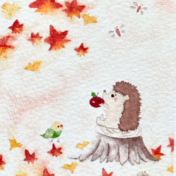 透明水彩画　2枚セット「ハリネズミくんの秋」ミニカード　メッセージカード　バースデーカード　はりねずみ　インコ　秋　紅葉 2枚目の画像