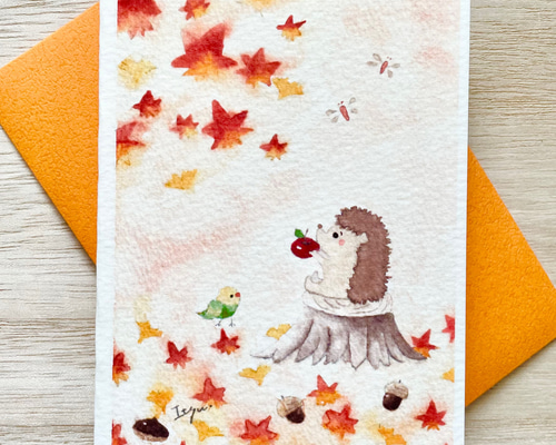 透明水彩画 2枚セット「ハリネズミくんの秋」ミニカード メッセージ