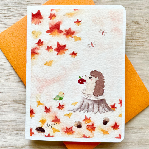 透明水彩画 2枚セット「ハリネズミくんの秋」ミニカード メッセージ