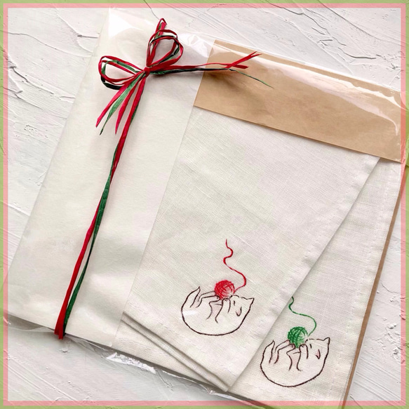 ワケありな逸品2024】『毛糸玉と仔猫』の手描きリネンハンカチオフ