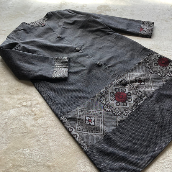 アンティーク大島紬のパッチワークコート　リバーシブル　茶龍郷　　受注制作可能です　着物リメイク 5枚目の画像