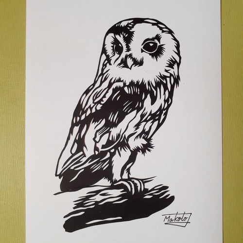 切り絵アート 止まり木のフクロウ 切り絵 makochin 通販 16607993