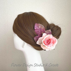 華やか★ピンクの薔薇と葉っぱの髪飾り　ピンクの薔薇　髪飾り　フローレス　フラメンコ　ダンス　バラ　ピンク　浴衣髪飾り 2枚目の画像