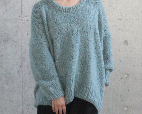 つつむ　手編みモヘアラウンドネックセーター●ミント 手編みモヘアラウンドネックセーター ミント ニット・セーター