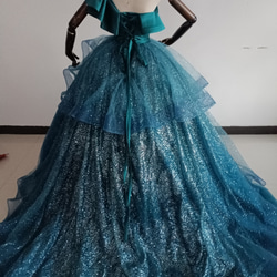 豪華！ブルー Aライン ワンショルダー カラードレス  柔らかく重ねたチュールスカート 花嫁/披露宴 9枚目の画像