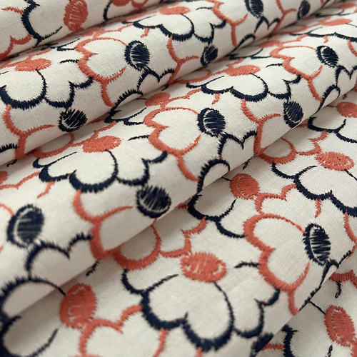 着物 単衣 刺繍 レトロ 白地に紺と橙の花 きもの コットンレース 着物 単衣 刺繍 レトロ 白地に紺と橙の花 きもの コットンレース