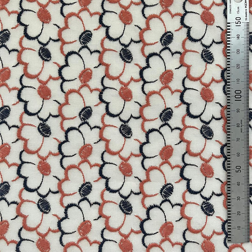 着物 単衣 刺繍 レトロ 白地に紺と橙の花 きもの コットンレース 着物 単衣 刺繍 レトロ 白地に紺と橙の花 きもの コットンレース