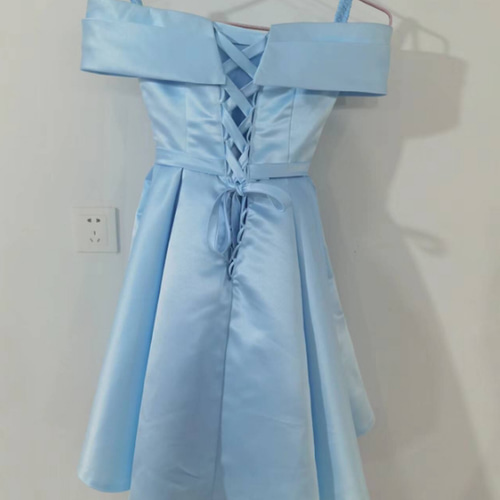 爽やかで優しいブルー ミニドレス パーティードレス 編み上げ Vネック  