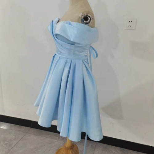 爽やかで優しいブルー ミニドレス パーティードレス 編み上げ Vネック
