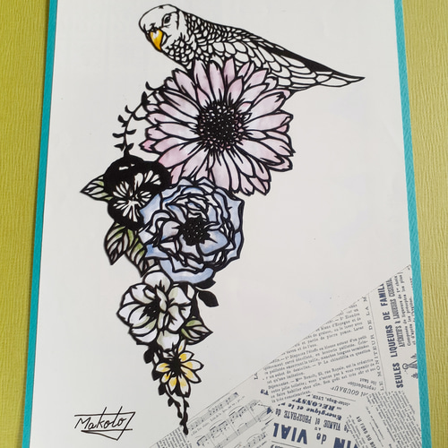 切り絵アート インコと花 切り絵 makochin 通販 16608486