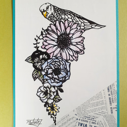 切り絵アート　インコと花 1枚目の画像