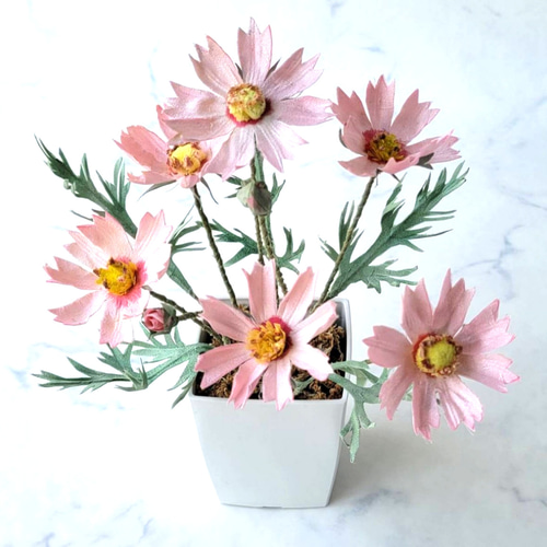 コスモス6輪 鉢植え風 産地直送の布の花屋さん アートフラワー あかり