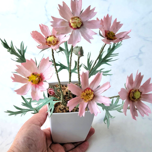 コスモス6輪 鉢植え風 産地直送の布の花屋さん アートフラワー あかり